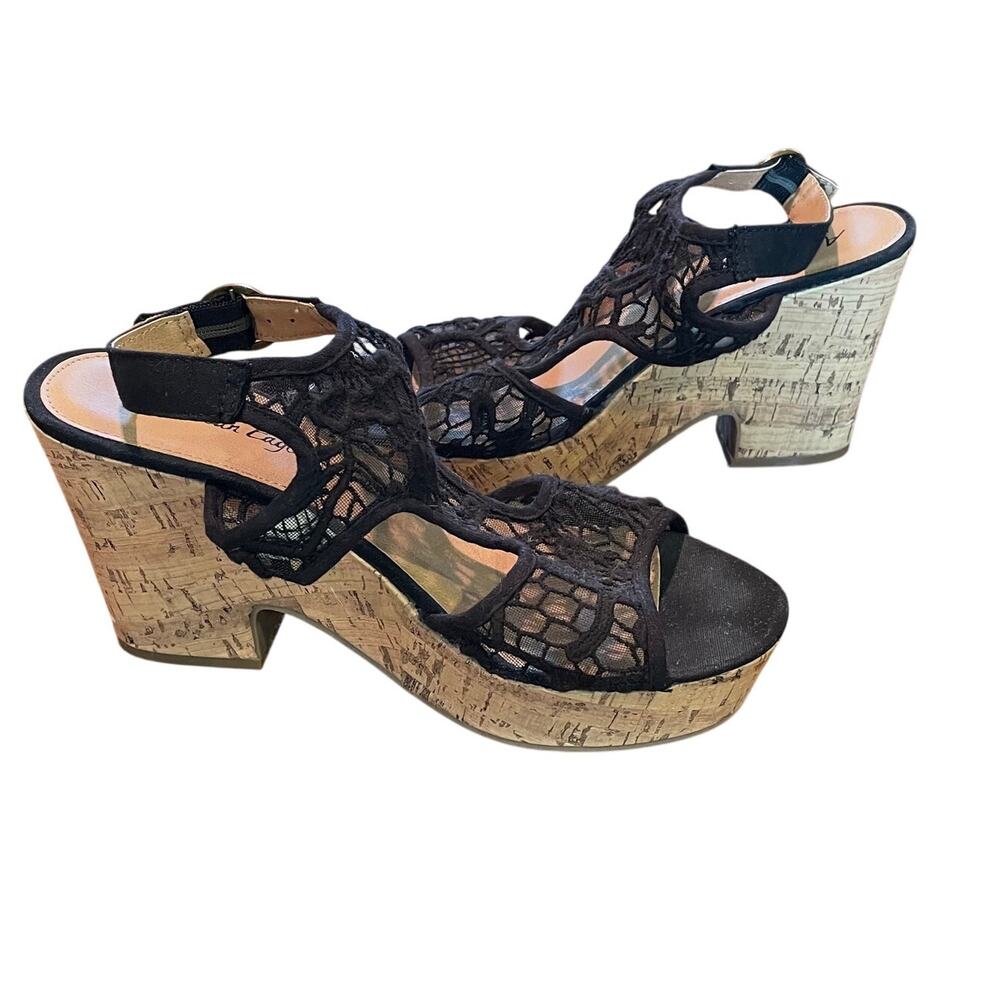 American Eagle Black Canvas Lace Wedge Faux Cork Platform Sandals, Boho, 8.5
